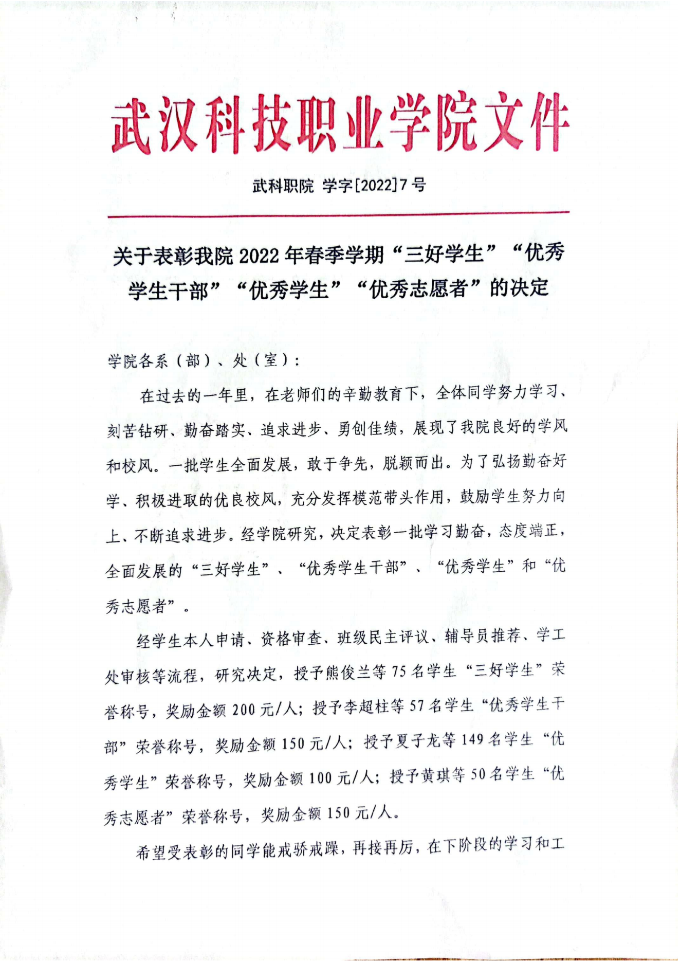 关于表彰365官网2022年春季学期“三好学生”“优秀学生干部”“优秀学生”“优秀志愿者”的决定
